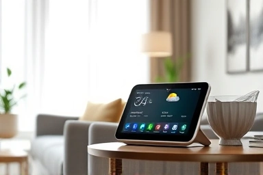 Modern living room with Google Nest Hub 2nd Gen smart display.