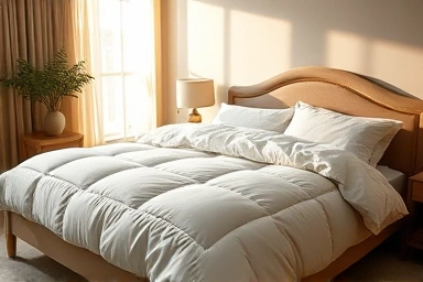 Luxurious goose down comforter on a cozy bed.