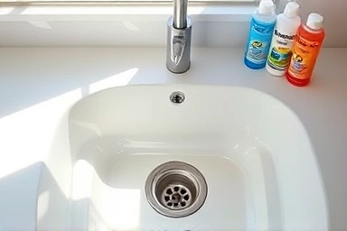 Sparkling clean kitchen sink with clear drain
