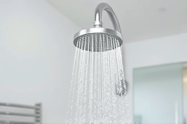 Modern showerhead with powerful, efficient water stream.