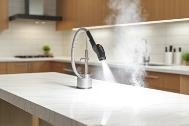 Steam cleaner dissolving kitchen grease, leaving a sparkling surface.
