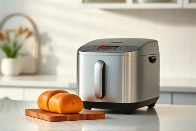 Modern kitchen with home bread maker and fresh bread.