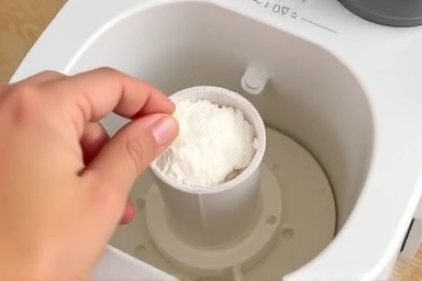 Hand adding ingredients into a home bread maker.