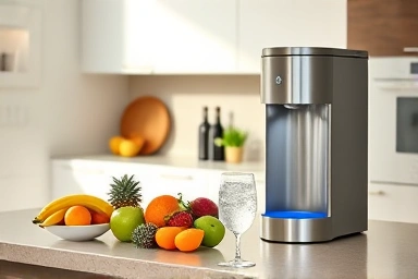 Stylish home kitchen with sparkling water maker and fresh ingredients.