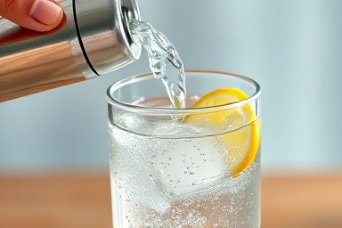 Hand pouring sparkling water, showing bubbles and refreshment.
