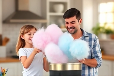 Family making cotton candy at home with a machine.