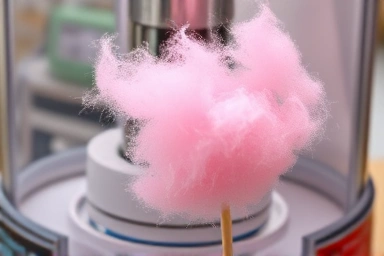 Close-up of cotton candy machine spinning sugar into threads.