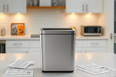 Compact home document shredder on a kitchen counter, securing sensitive papers.