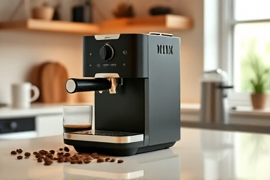 Modern home espresso machine with coffee beans and steaming pitcher.