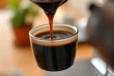 Close-up of fresh espresso pour with crema in a home setting.