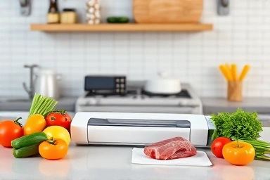 Modern kitchen with vacuum sealer and fresh ingredients.