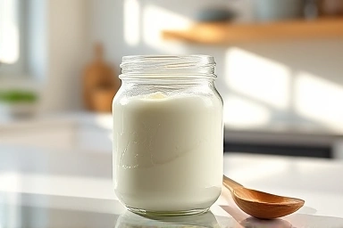 Thick homemade Greek yogurt in a jar with a spoon.