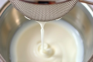 Whey separation from Greek yogurt in a sieve.