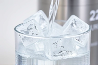 Ice cubes dispensing from a water purifier into a glass.