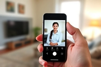 Smartphone displaying videophone feed for remote home access.