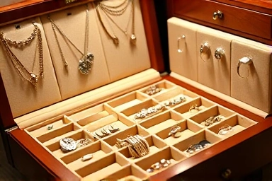Organized jewelry box with necklaces, earrings, and rings.