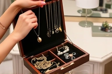 Selecting a necklace from a tangle-free jewelry organizer.