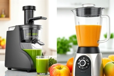 Juicer and blender making healthy drinks side-by-side