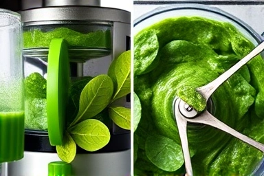 Close-up of juicing and blending action with fresh ingredients