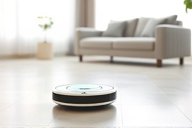 Modern robot vacuum cleaner with mopping function in a bright living room.