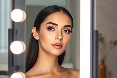 Elegant LED vanity mirror showcasing perfect makeup.