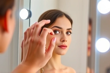 Woman adjusting LED vanity mirror settings for makeup.