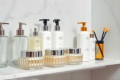 Elegant marble bathroom shelf with toiletries
