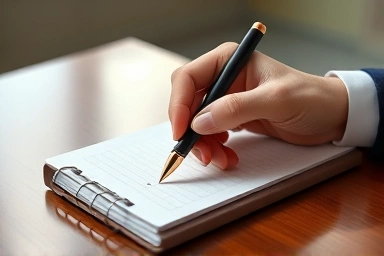Elegant hand holding luxury ballpoint pen on desk