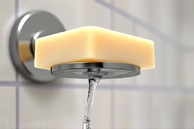Close-up of magnetic disc holding soap, water draining.