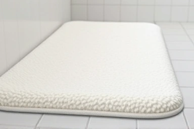 Plush memory foam bath mat absorbing water instantly.