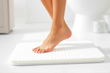 Feet stepping onto a safe, comfortable memory foam bath mat.