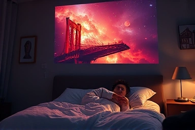 Cozy bedroom with ceiling movie projection from mini-beam projector.