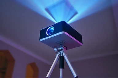 Mini-beam projector on tripod, projecting onto ceiling.