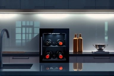 Modern kitchen with a sophisticated mini wine cellar.