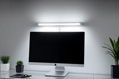 Ergonomic desk setup with monitor light bar for reduced eye strain.