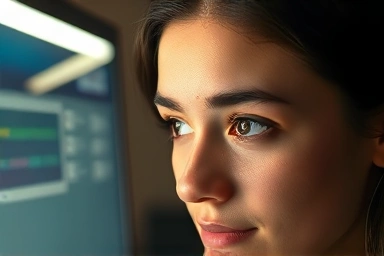 Close-up of relaxed eyes viewing a monitor with glare-free light bar.