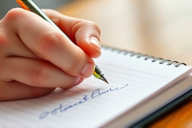 Hand writing with a multi-color pen in a notebook.