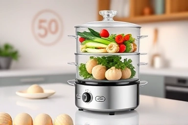 Modern electric steamer with healthy steamed food