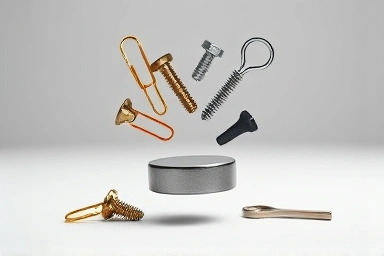 Powerful neodymium magnet lifting various small metal objects.