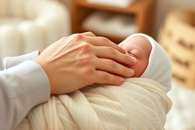 Parent's hand comforting a swaddled baby.