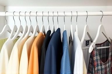 Organized closet with non-slip hangers, spacious and uncluttered.