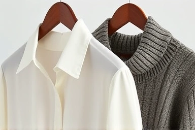 Close-up of non-slip hanger preventing silk blouse and wool sweater from slipping.