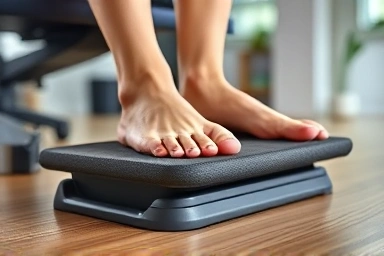 Close-up of feet on adjustable footrest promoting circulation.