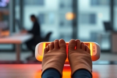 Cozy office feet warmed by a desk heater.