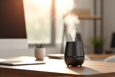 Office desk with mini humidifier, dry air vs humid air.