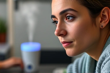 Refreshed office worker, quiet mini humidifier, focused concentration.