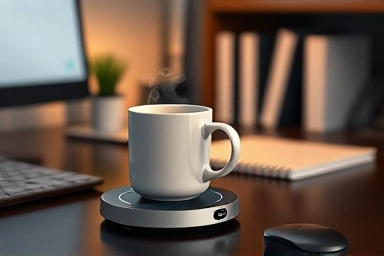 Modern office desk with a warm mug on a mug warmer.