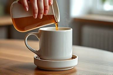 Close-up of warm beverage being poured into mug on warmer.