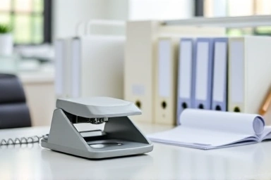 Organized office desk with punch, binders, and documents.