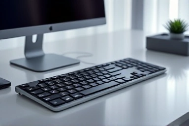 Modern office desk with a silent mechanical keyboard.